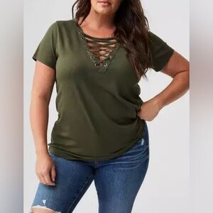 Torrid Heritage Cotton Crew Neck Lace Up Tee Womens Deep Depths Size O L 12 Plus